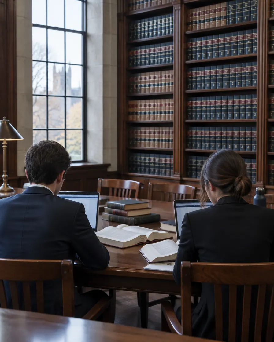 Two young lawyers working in a law library