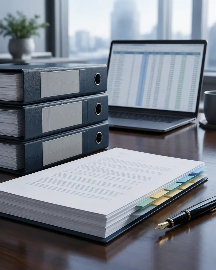Facility agreement binders with index tabs on a desk