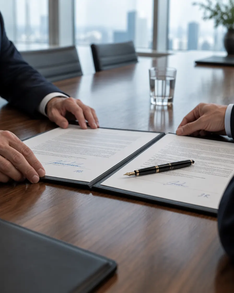 Signed share purchase agreement on a boardroom table