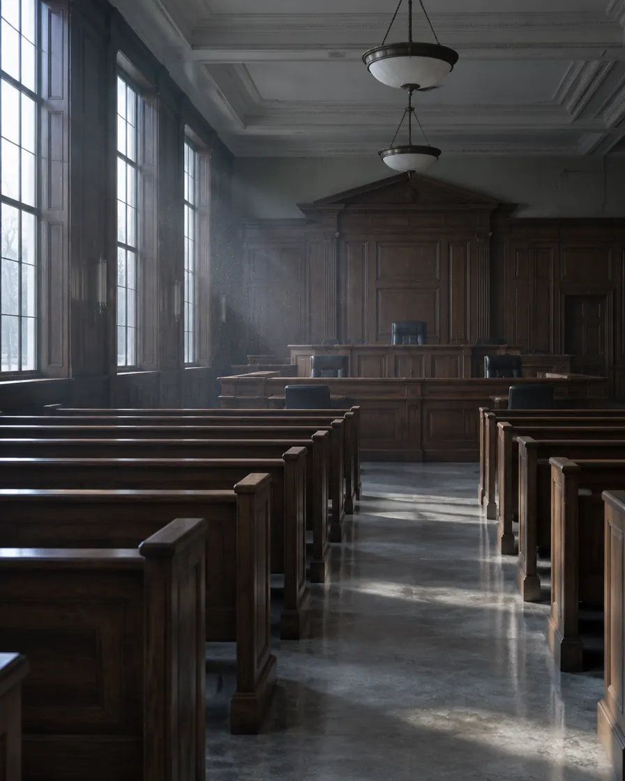 Empty wood-panelled courtroom