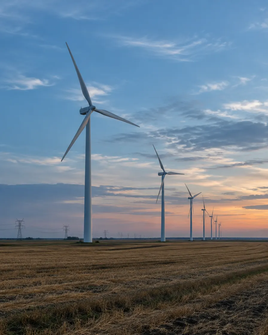 Wind farm on the plains of Vojvodina at dusk