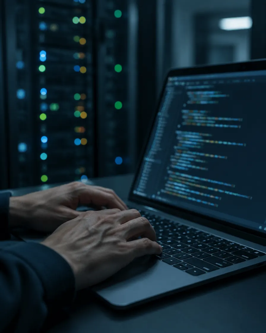 Hands typing code on a laptop beside a server rack