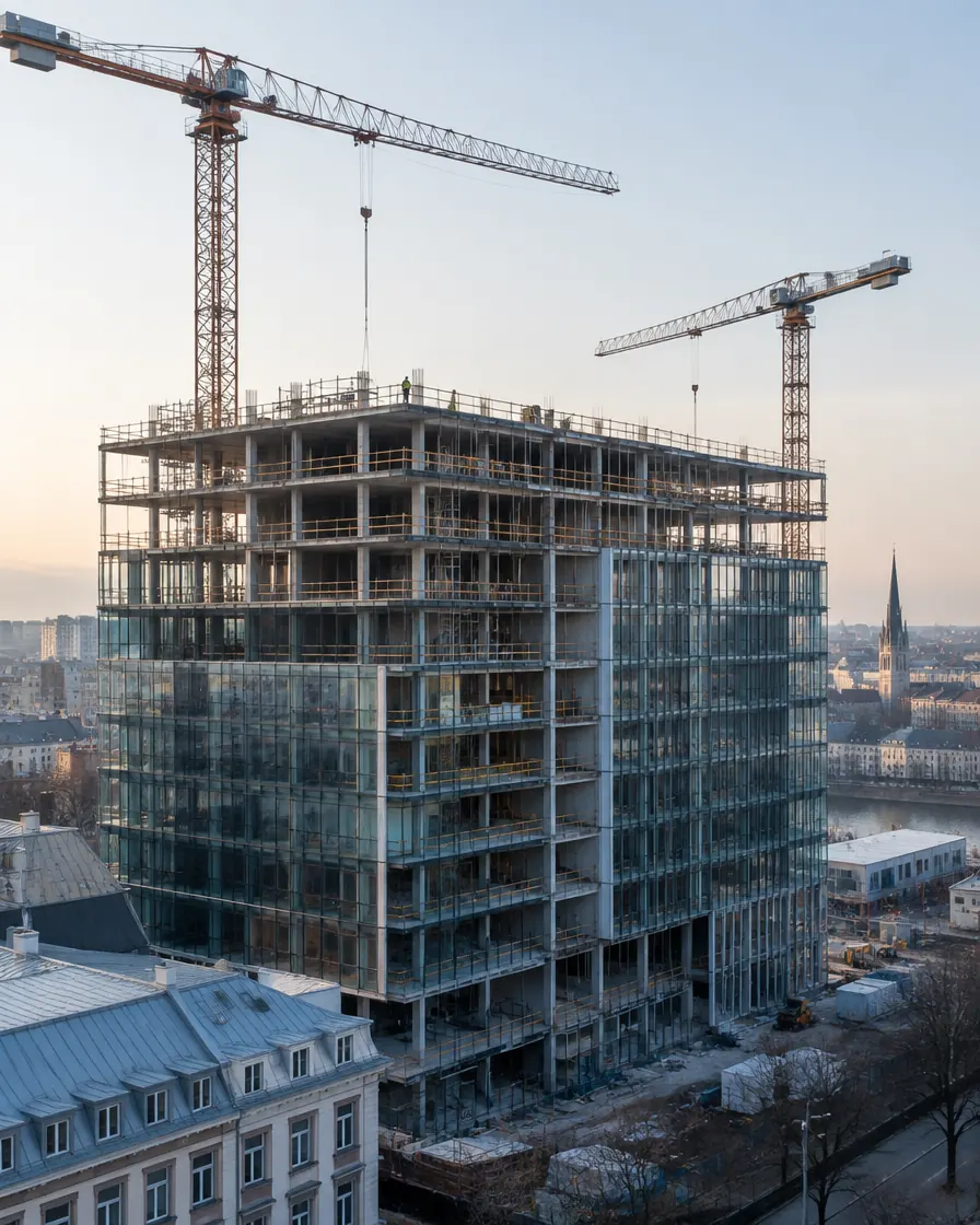 Office building under construction with tower cranes